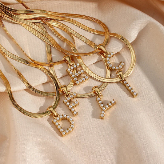 Pearl Initial Charm Herringbone Necklace