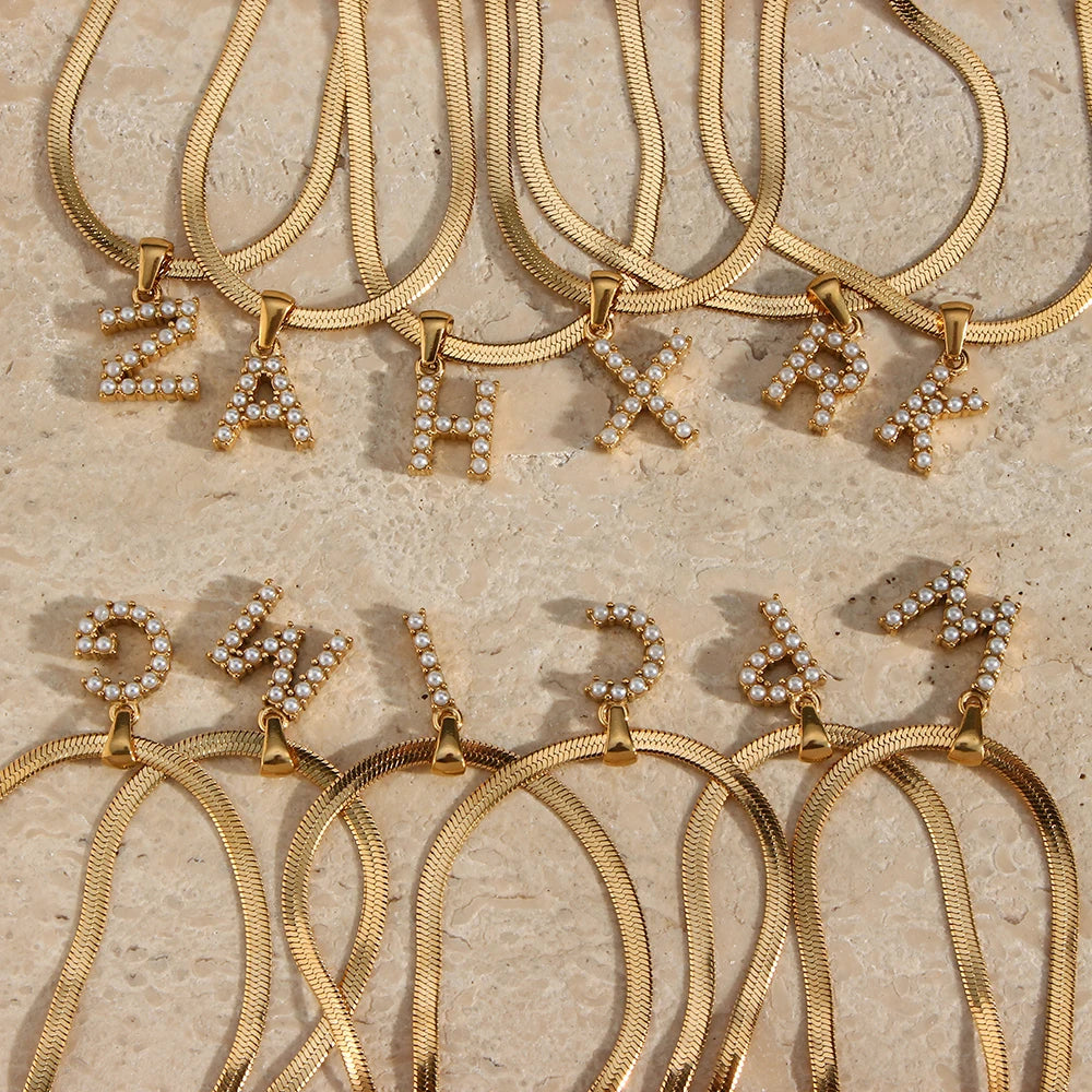 Pearl Initial Charm Herringbone Necklace