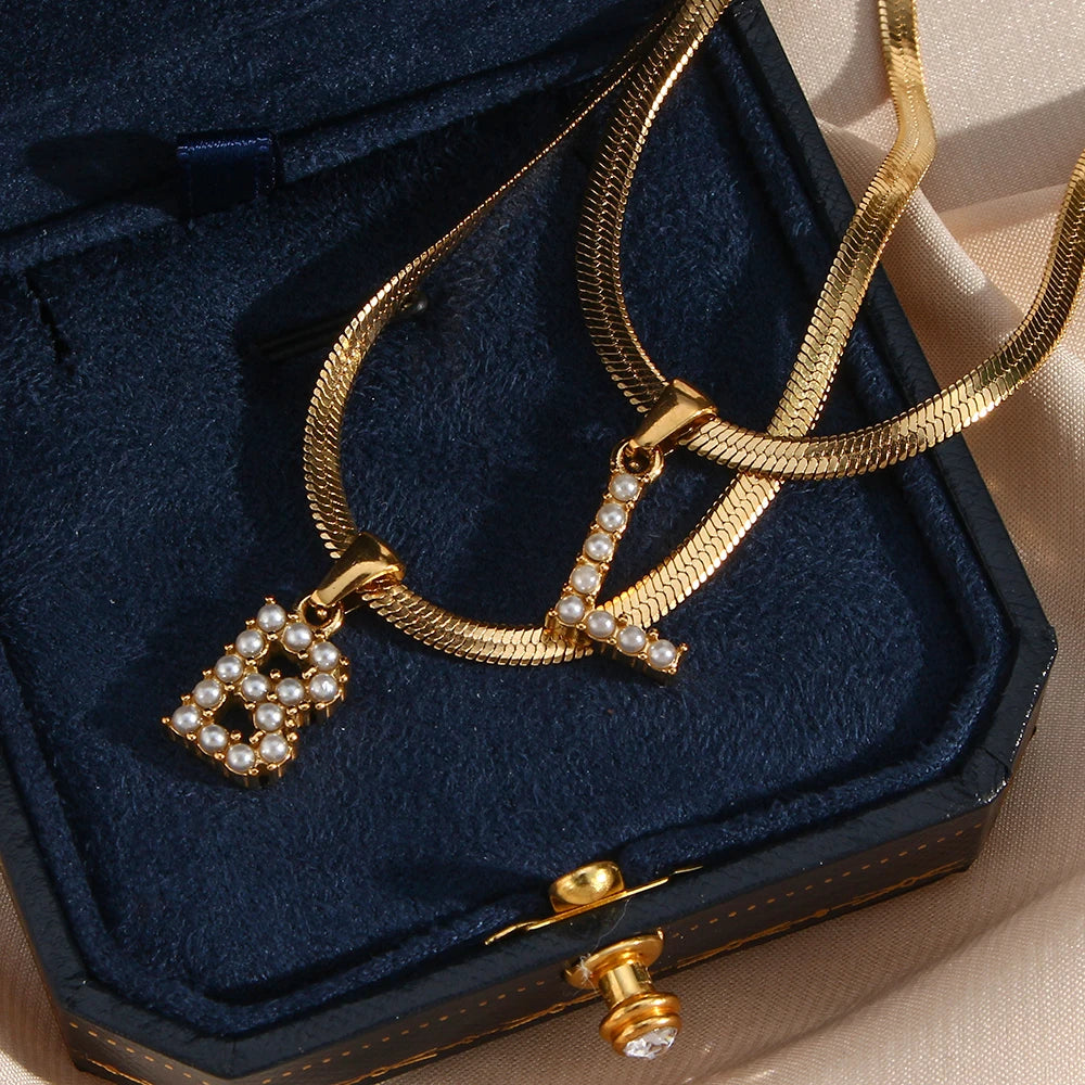 Pearl Initial Charm Herringbone Necklace
