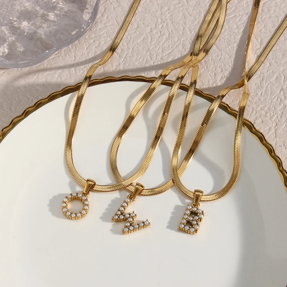 Pearl Initial Charm Herringbone Necklace