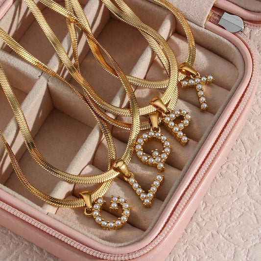 Pearl Initial Charm Herringbone Necklace