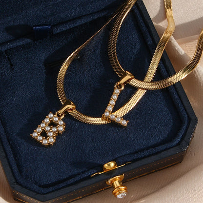 Pearl Initial Charm Herringbone Necklace