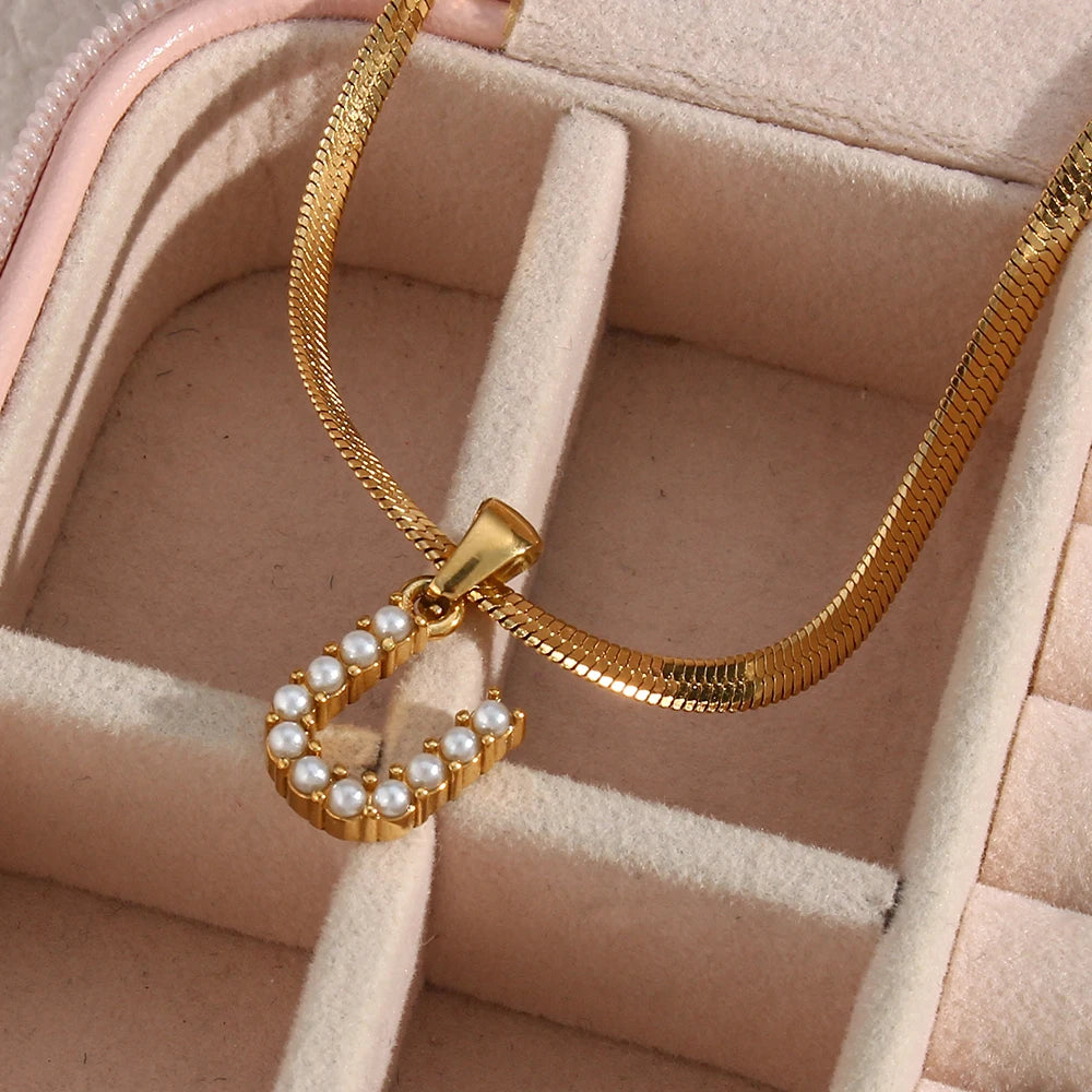 Pearl Initial Charm Herringbone Necklace